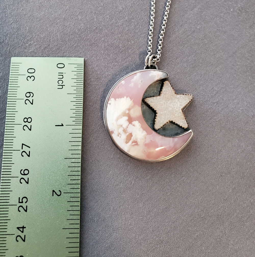 Sterling Silver Plume Agate Moon With Druzy Quartz Star Necklace Ooak Handmade - Picture 2 of 7